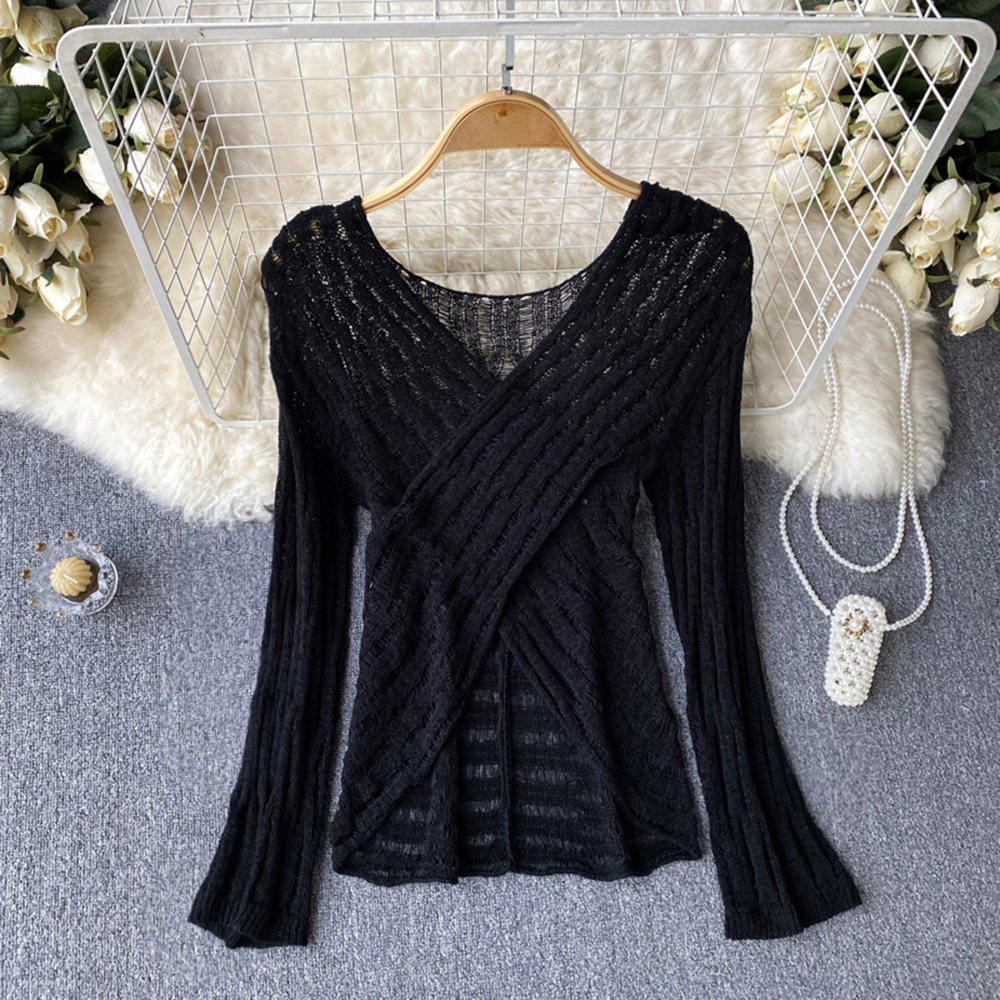 Knit Sunny Blouse Women Flare Sleeve V Neck Elastic Vacation Ladies Thin Casual Chic Tops