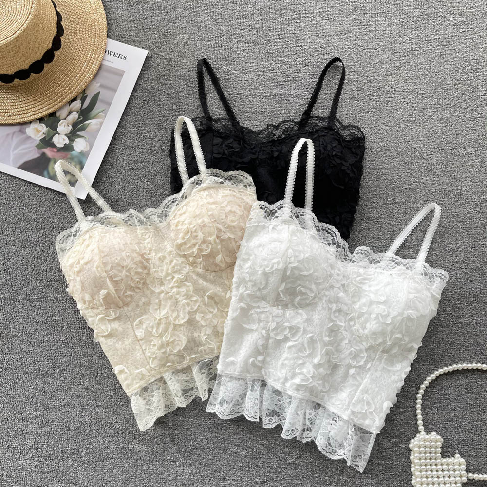 Ruffled Lace Camisole Solid Women Slash Neck Backless Bow Strap Fashion Elegant Ladies Casual Crop Tops
