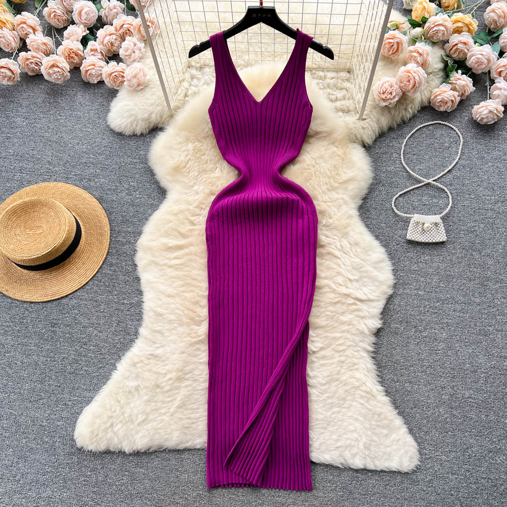 Sleeveless Casual Knit Dress Women V Neck Solid Elastic Waist Elegant Ladies Basic Split Long Dresses