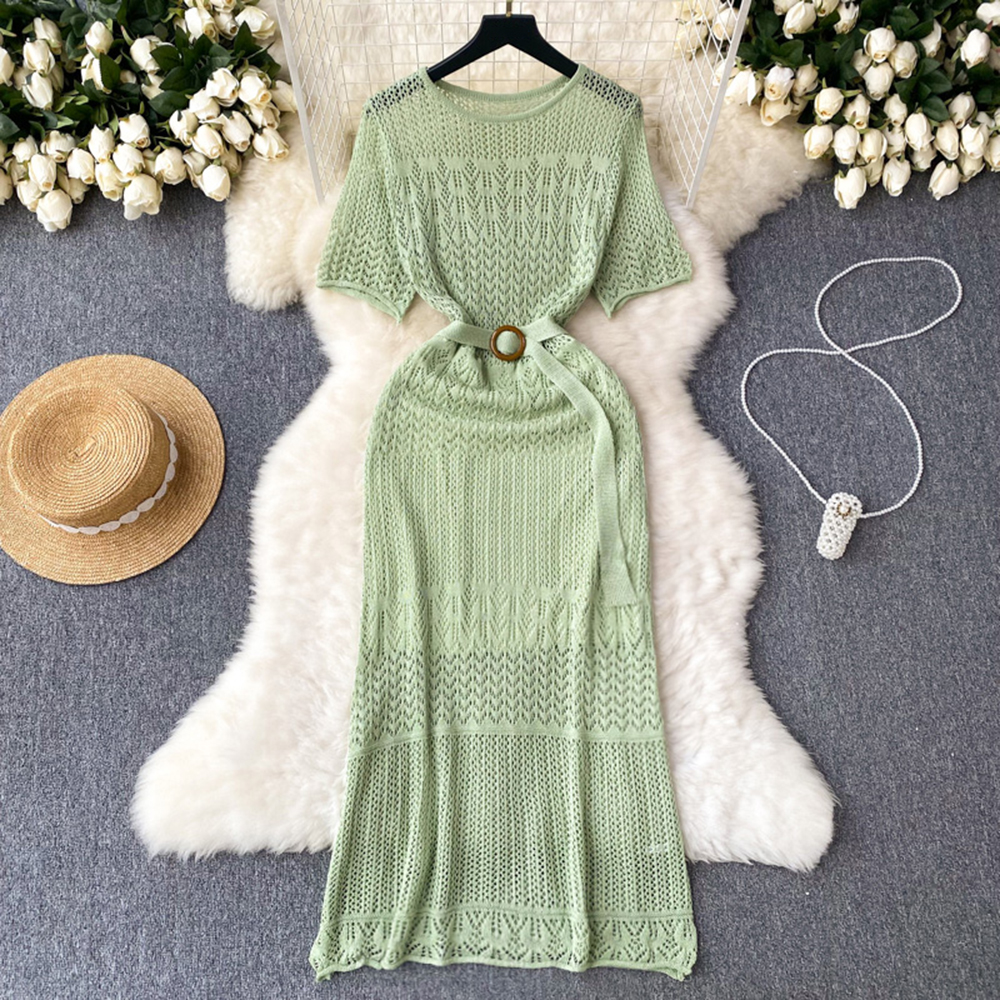 Sashe Casual Knit Dresses Women Hollow Out Design Slim O Neck Solid Vacation Ladies Beach Long Dresses