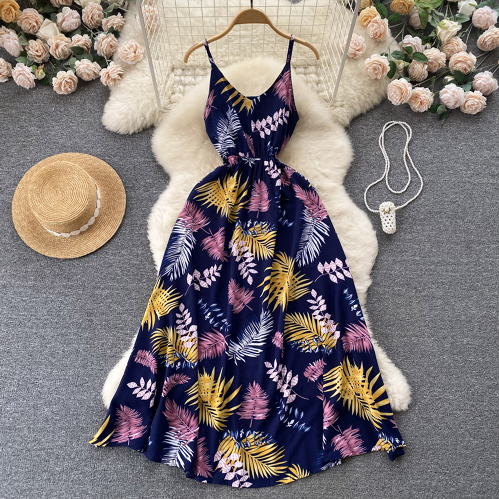 Floral Print Dress Strap Women Vacation Sleeveless Fashion Ladies Beach Style Chiffon A Line Long Dresses