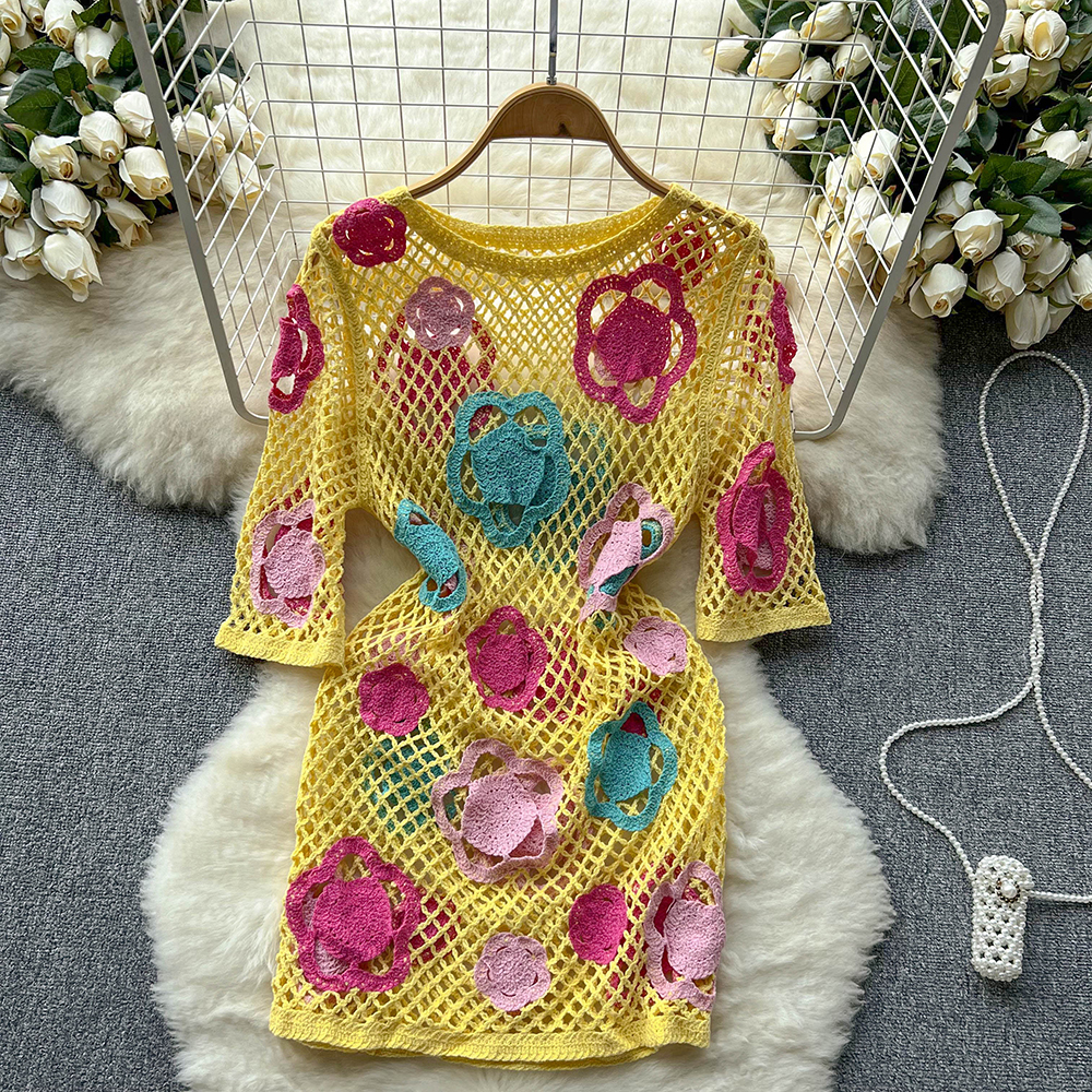 Knit Patchwork Dress Women Hook Hollow Out Design O Neck Elastic Waist Ladies Vacation Beach Mini Dresses