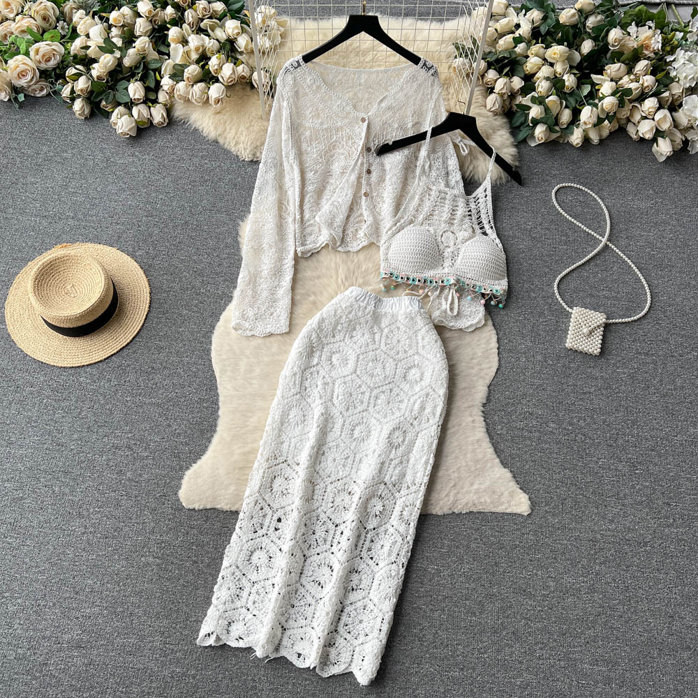 Knit Casual Three Piece Sets Women Lace Cardigan Backless Halter Camisole Elastic Waist Long Skirt Beach Style Suit