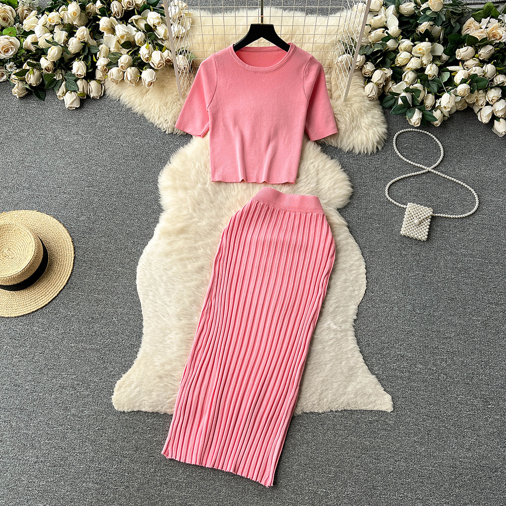 Casual Two Piece Sets Women O Neck Top Elastic Waist Long Skirt Fashion Office Lady Knit Suit