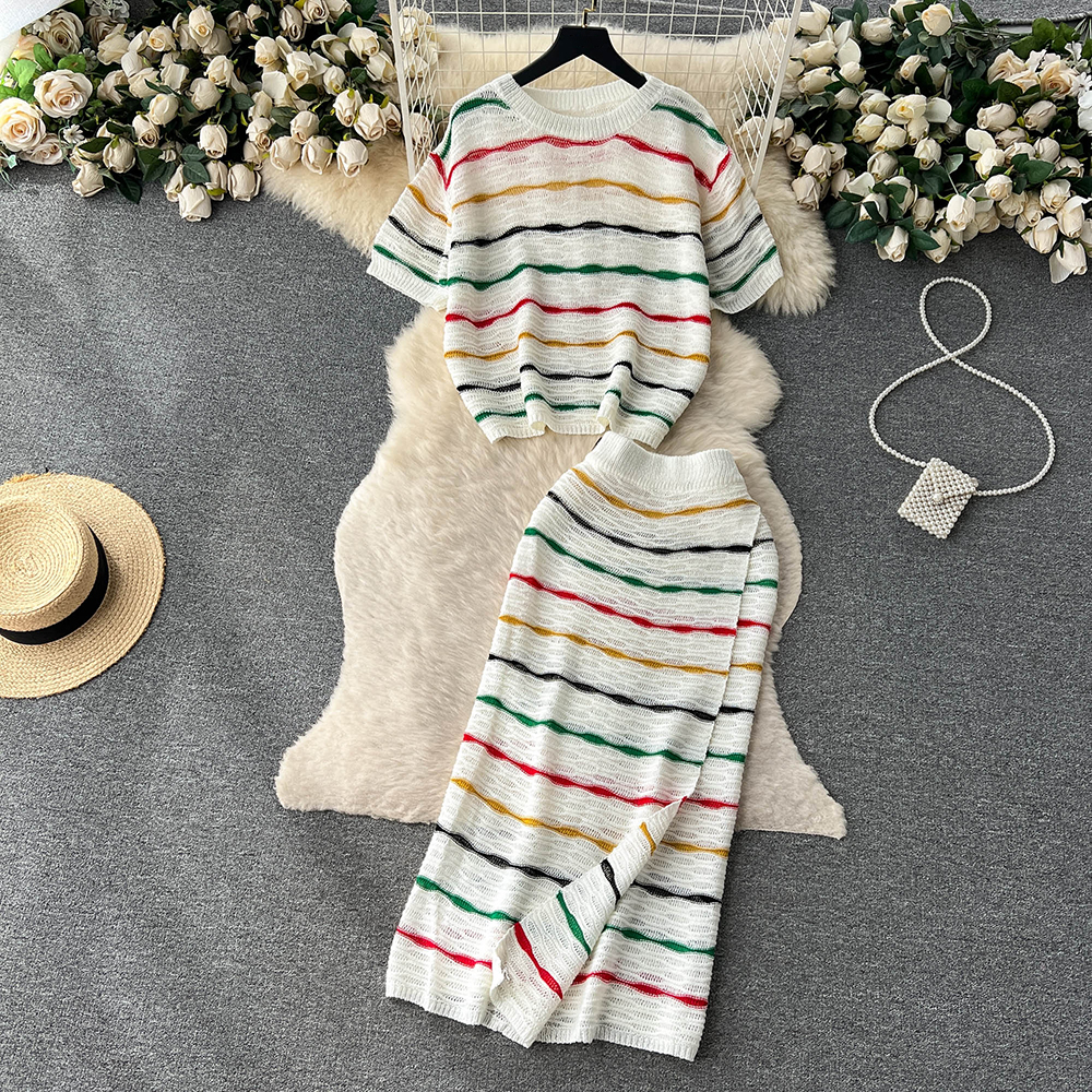 Knit Two Piece Sets Women Striped Retro O Neck Top Elastic Waist Long Skirt Casual Fashion Chic Suit