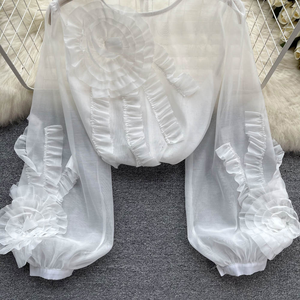 Elegant Lace Patchwork Ruffle Sleeve Texture Shirt