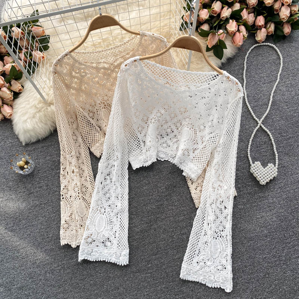 Knit Blouse Hook Design Women Hollow Out Long Sleeve O Neck Retro Vacation Ladies Casual Beach Short Top