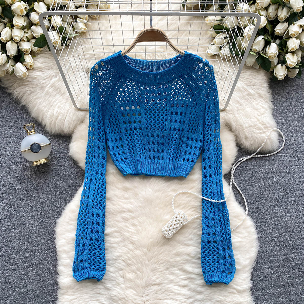 Knit Pullover Women O Neck Long Sleeve Hollow Out Design Casual Ladies Sweater Sexy Beach Style Top