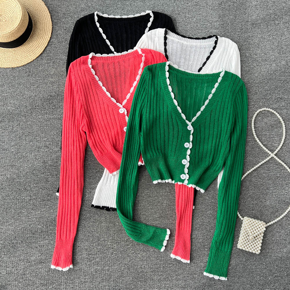 Knitted Cardigan Women Solid Ruffled Long Sleeve V Neck Fashion Ladies Short Tops