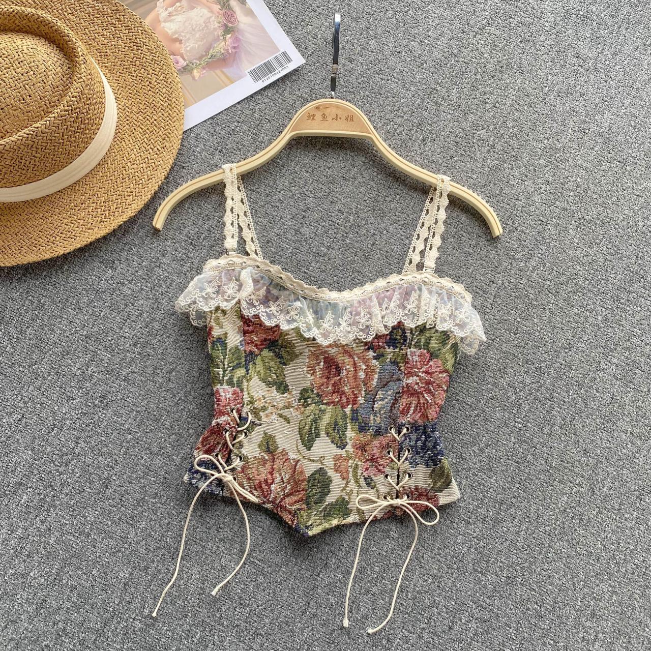 Floral Print Ruffle Lace Camisole Backless Drawstring Elastic Waist Fashion Ladies Retro Chic Tank Top