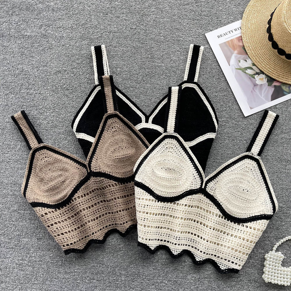 Knit Patchwork Camisole Women Backless Vacation Striped Fashion Ladies Casual Beach Style Slim Crop Tops