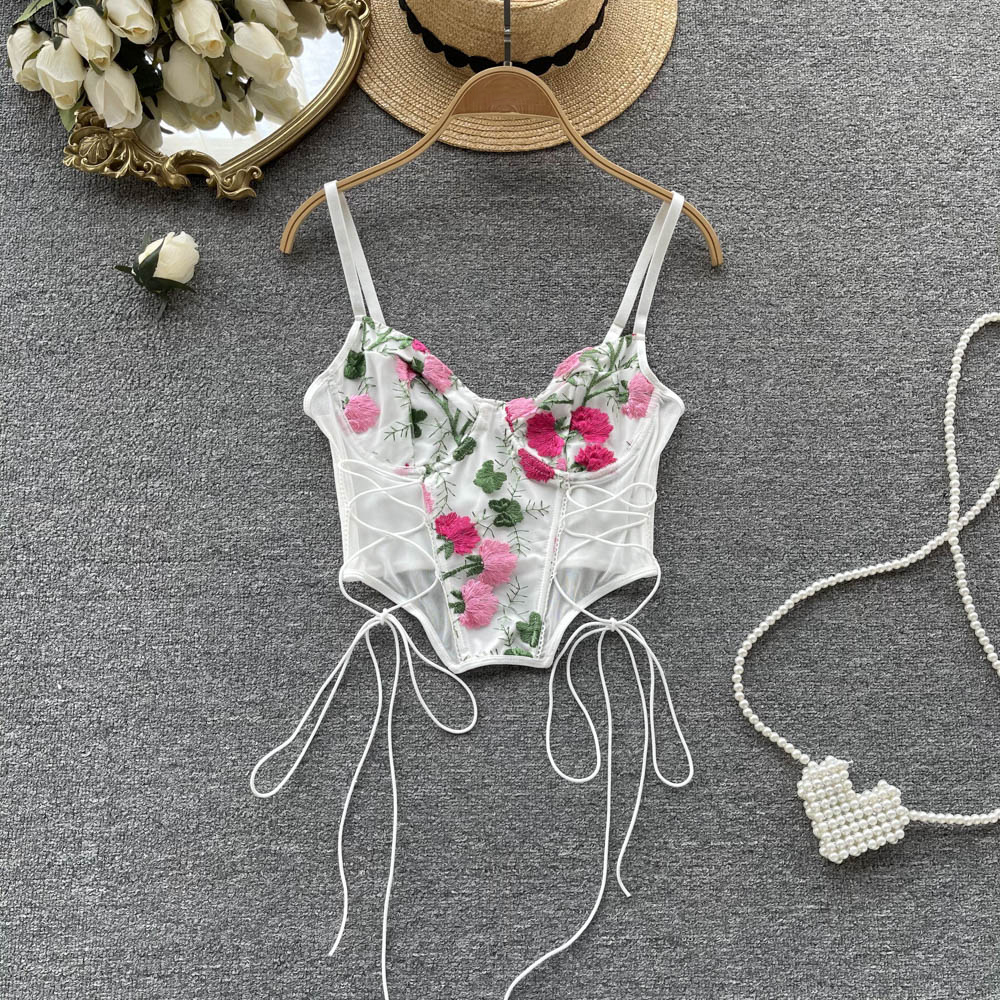 Mesh Camisole Embroidery Women Lace Up Cross White Floral Fashion Female Casual Vacation Sexy Tank Tops
