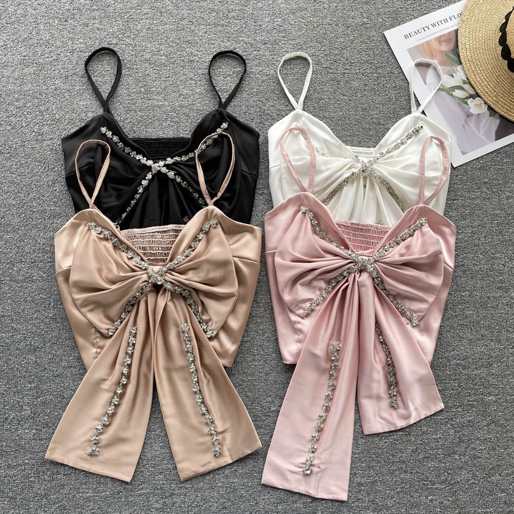 Strap Sexy Tanks Tops Fashion Beading Bow Sweet Elastic Tops Ladies High Quality Backless Camisole