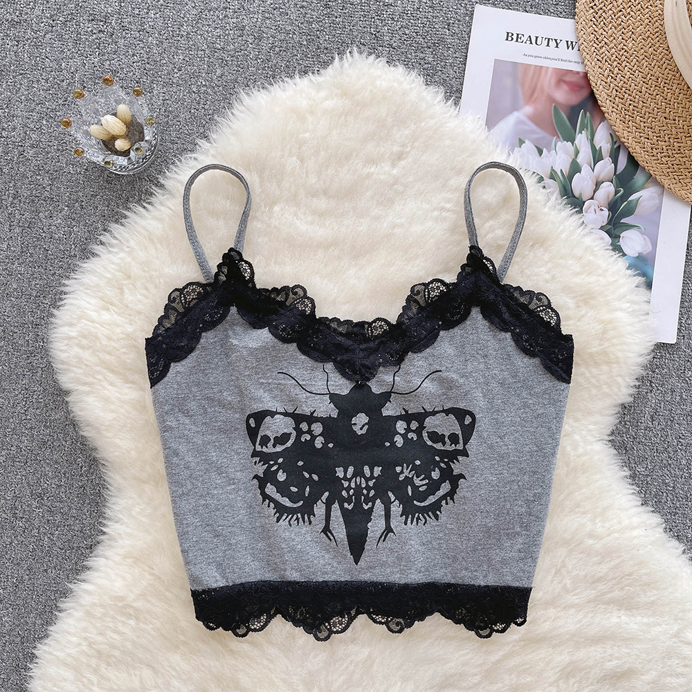 Lace Patchwork Backless Camisole Women Print Design High Street Fashion Ladies Streetwear Sexy Club Tank Top