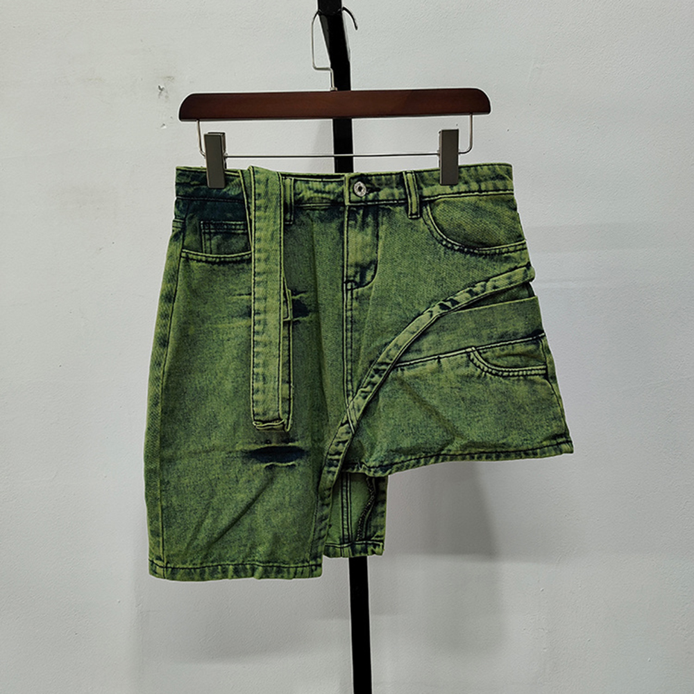 Fashion Women's Personalized Double Waist Design Green A-line Denim Skirt Asymmetric Girl Short Skirts