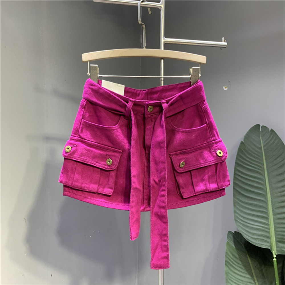 Fashion Belt Bandage Denim Mini Skirt Women Patchwork Pocket Cargo Wrap Hip Skirts Female Trend Skirts