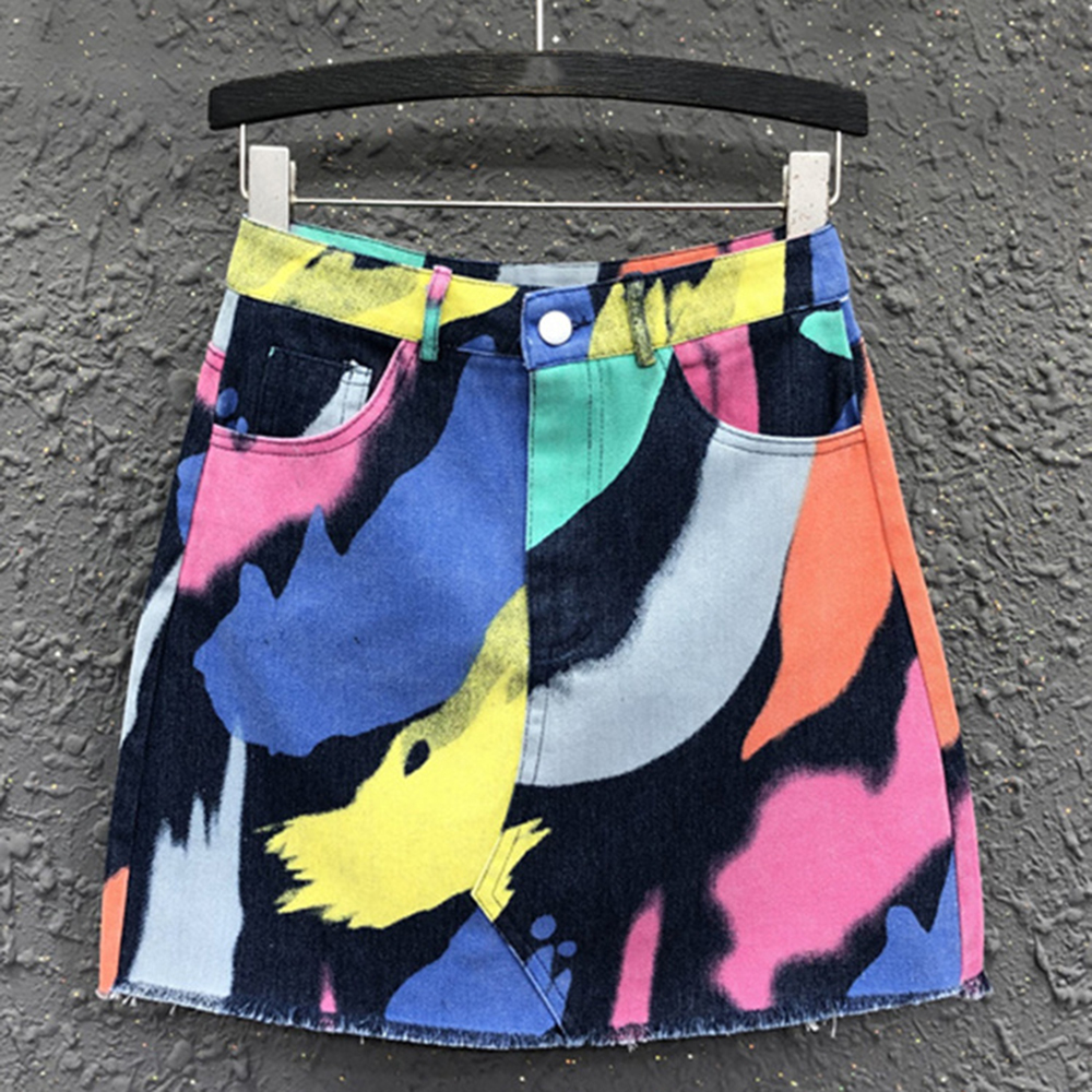 Fashion Tie Dye Print A-line Denim Short Skirt Women's Slim High Waist Burrs Hip Wrap Skirts