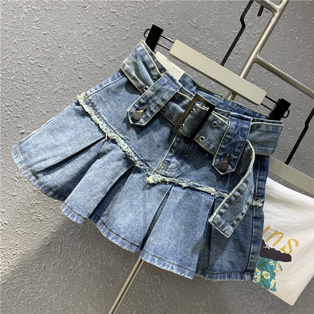 Fashion Patchwork Pleated Denim Skirt For Women's High-waist Casual Loose A-line Skirts