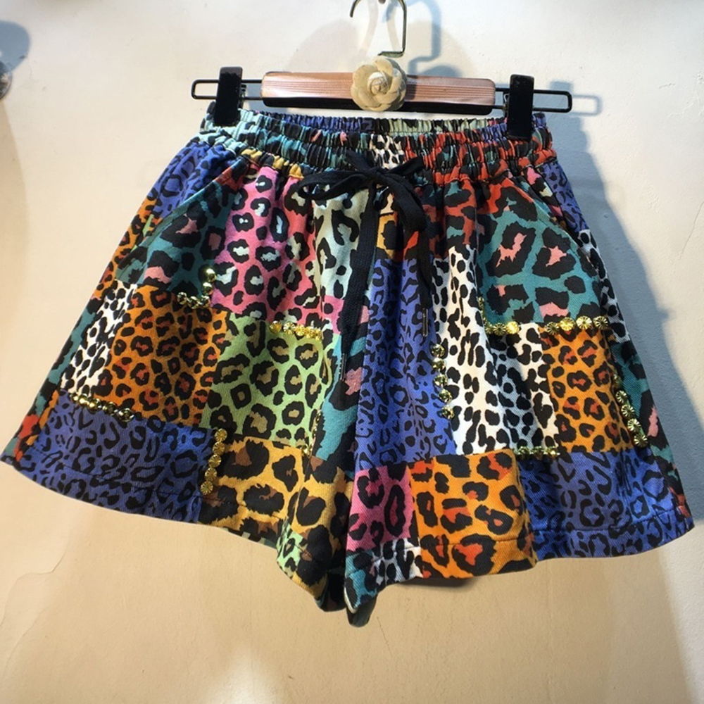 Fashion Beaded Drawstring Elastic Waist Leopard Shorts Women's Casual Loose Wide Leg Pants Women
