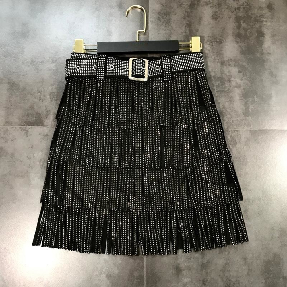 Women Black Rhinestones Tassel Belt Skirt Arrivals High Waist Fashion Temperament Skirt