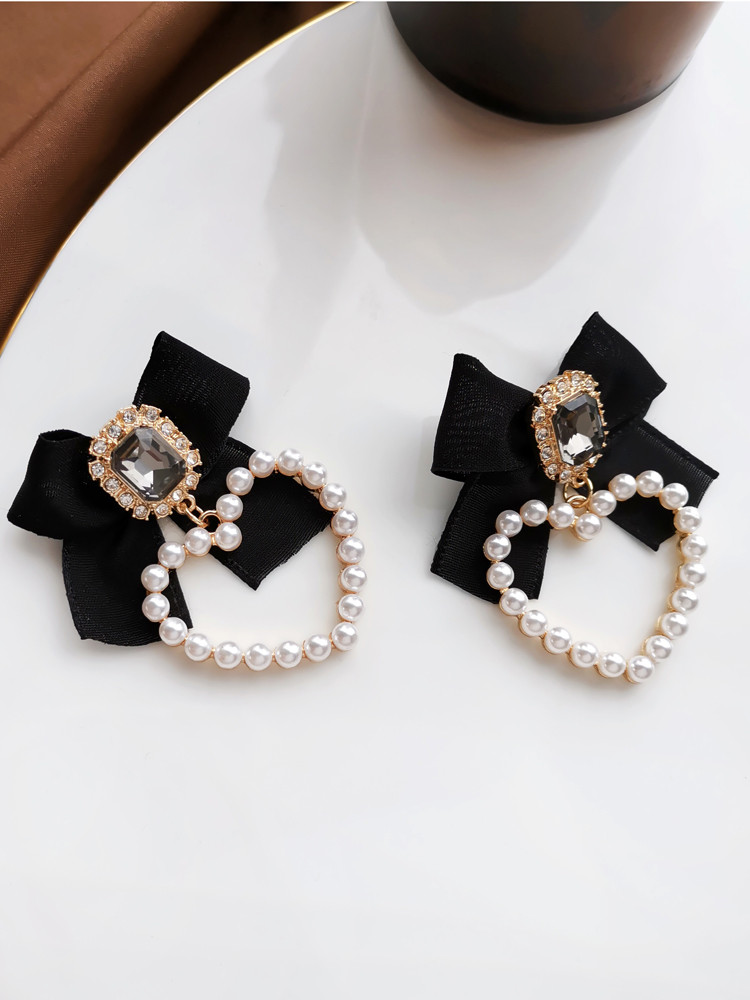 Silver Needle Sweet Jewelry Black Bowknot Earrings Design Crystal Glass Simulated Pearls Heart Drop Earrings