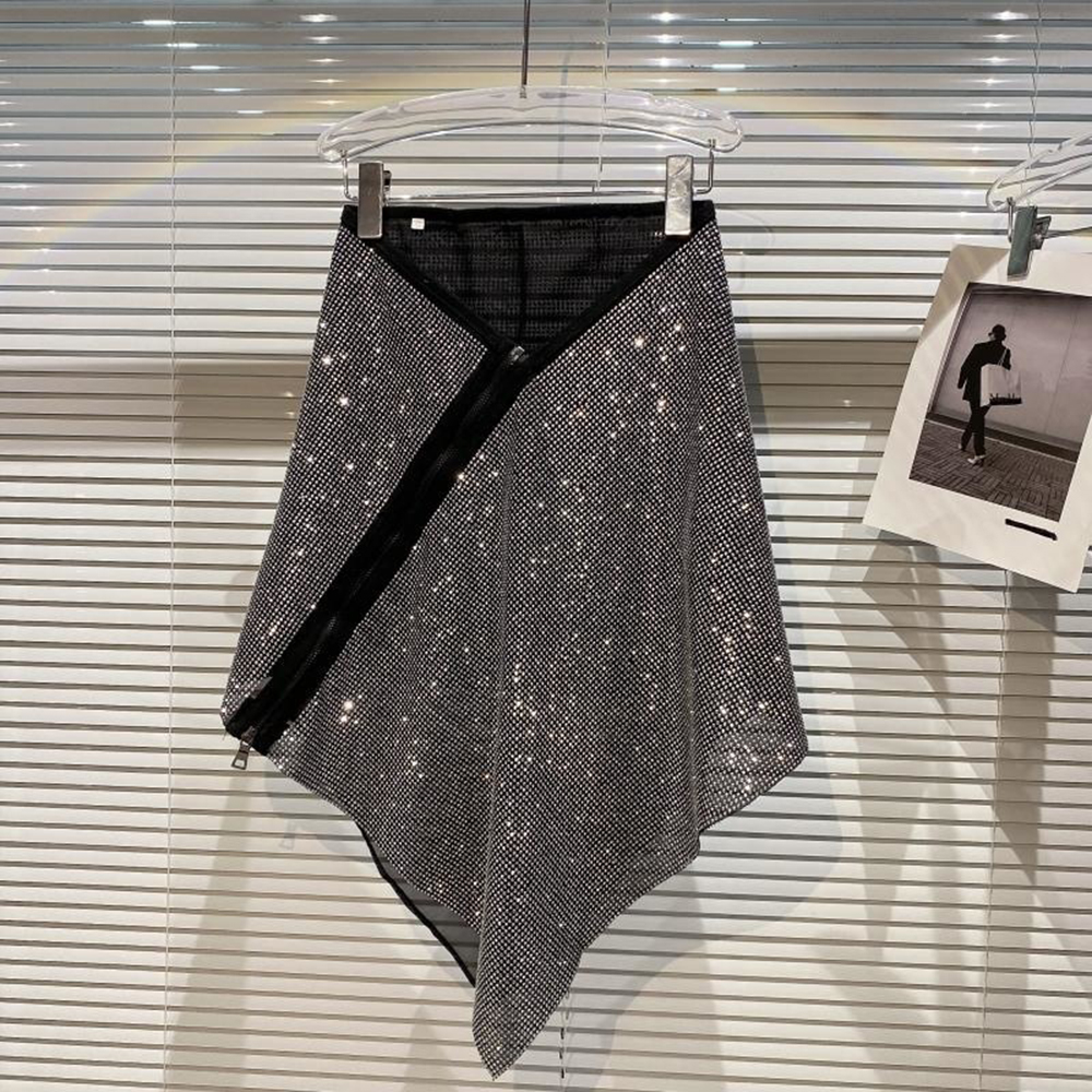 Irregular Diagonal Zipper Design Skirt Women Shiny Rhinestone Party High Waist Mini Skirts