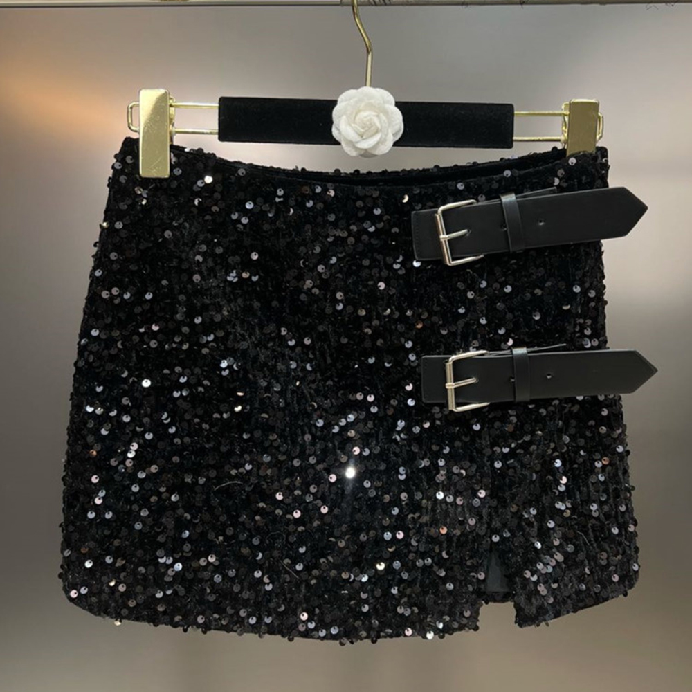 Fashion Trendy Sequin Design Party Skirt Women's Pu Metal Button Split Short Skirts
