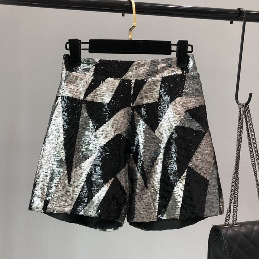 Fashion Shorts Geometric Patchwork Contrast Color Sequin Zipper Women's High Waist Casual Short Pant