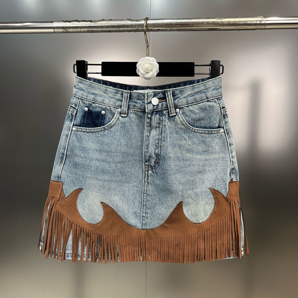 Personality Splice Tassel Leather Denim Skirt Women's Contrasting Color High Waist Loose Skirts