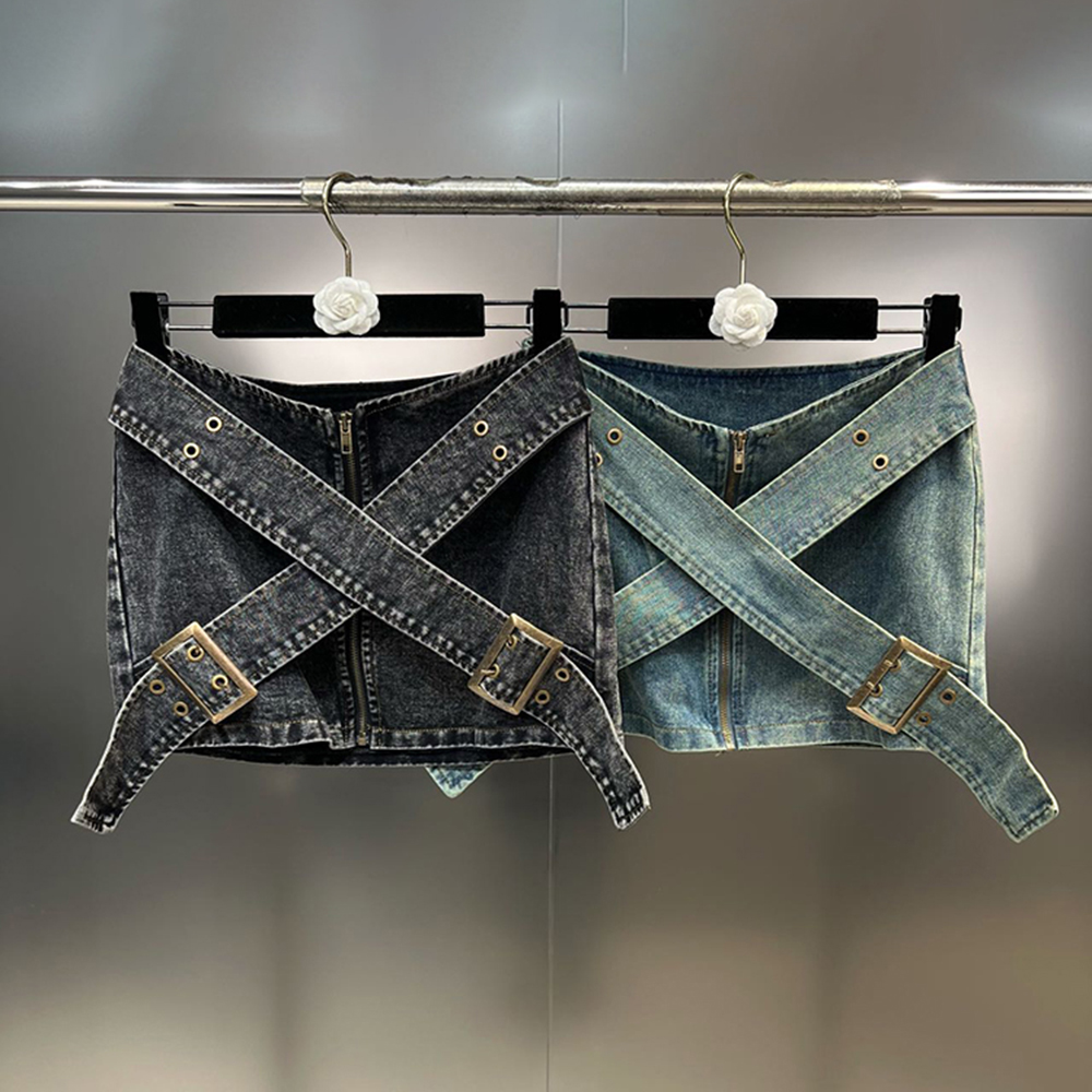 Vintage Cross Bandage Designer Denim Skirt Women's Distressed Streetwear Wrap Hip Skirts