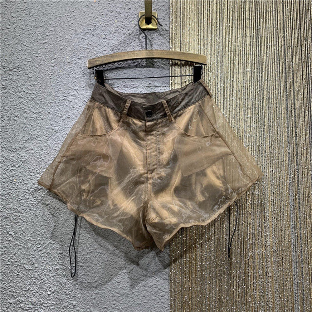 Fake Two Patchwork Mesh Shorts Women's High Waist Solid Color Personality Causal Short Trousers