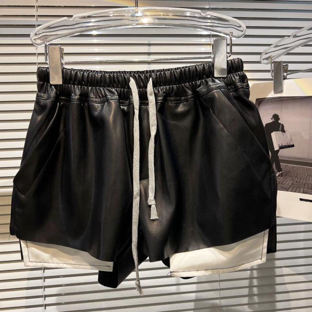 Fashion Splicing Contrast Color Drawstring Design Leather Short Pant Women's High Waist Elastic Shorts