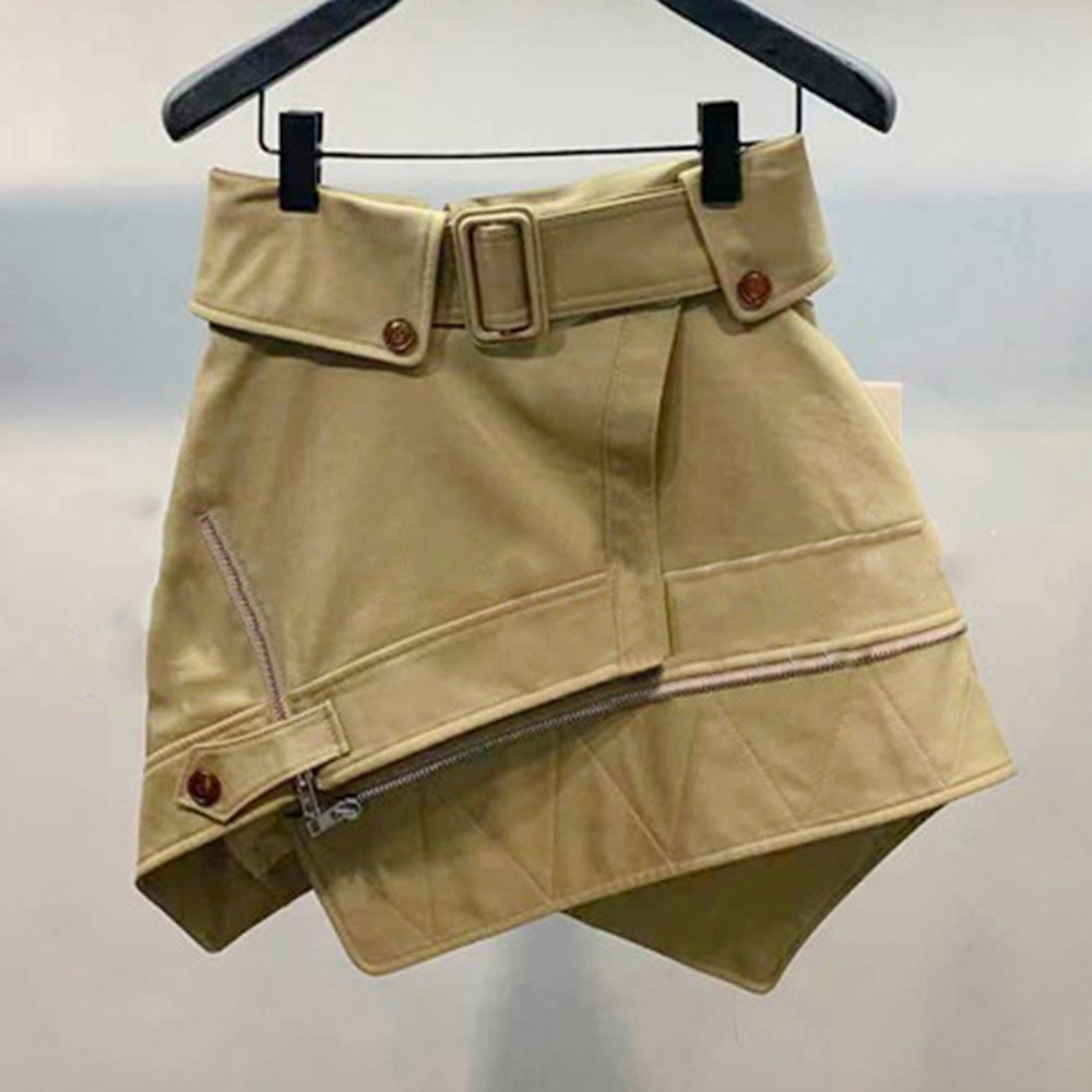 Irregular Fake Two Piece Belt Zipper Chic Designer Skirt Women's Solid Color Vintage Streetwear Skirts