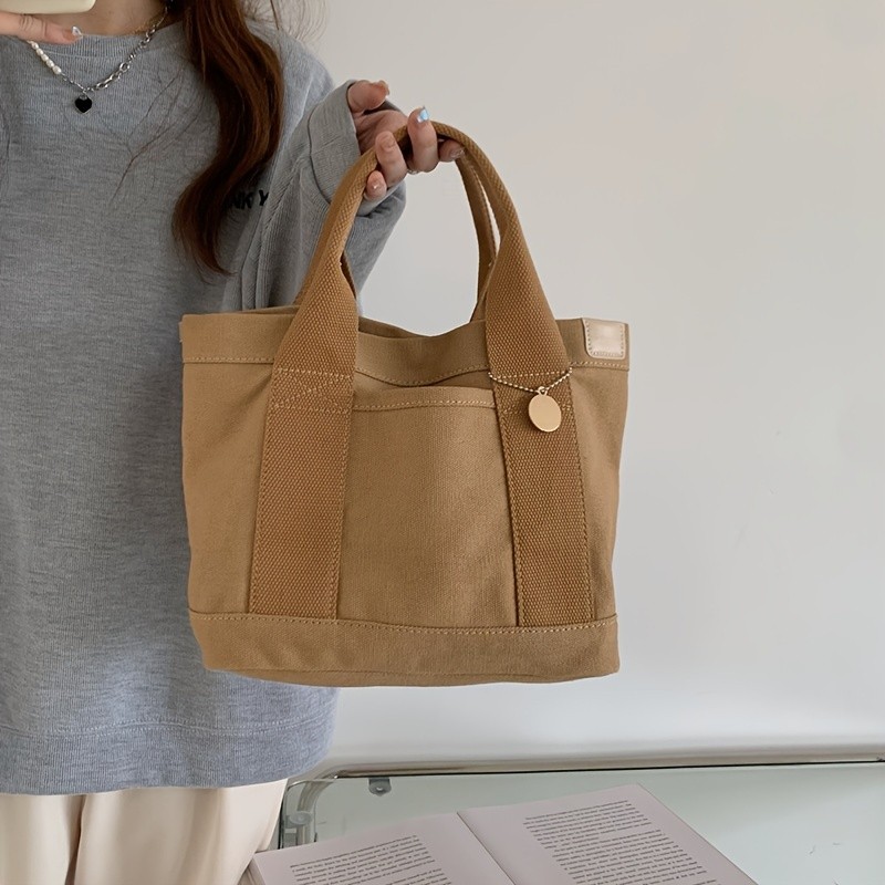 Simple Canvas Tote Bag, Women's Trendy Solid Color Handbag Casual Large Bookbag