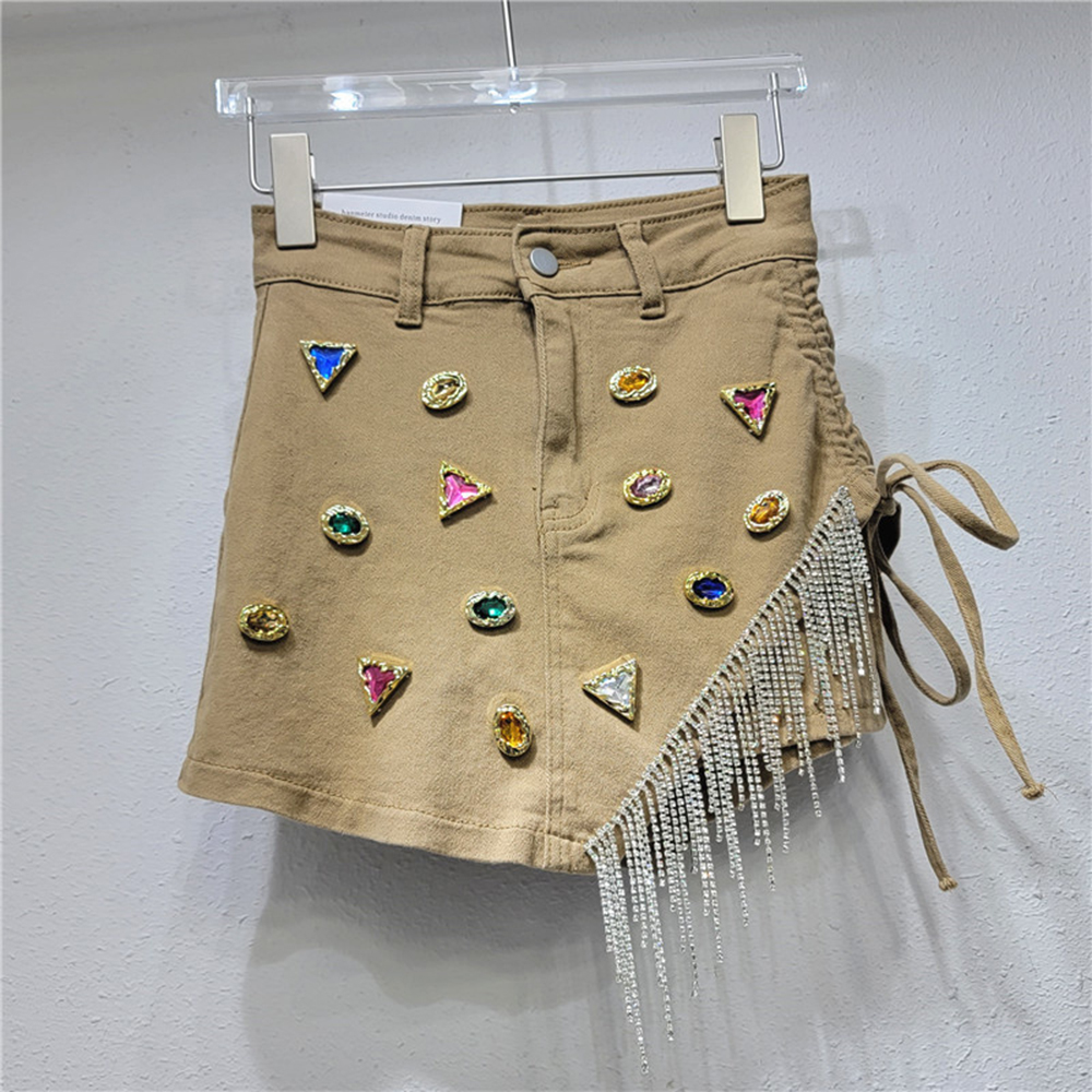 Shiny Diamond Splice Irregular Hem A-line Denim Short Skirt Women's Rhinestone Tassel Skirts
