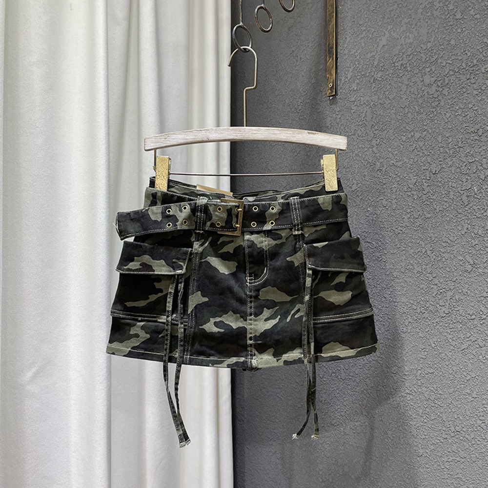 Trend Camouflage Bandage Cargo Skirt Women's Patchwork Pocket Belt Loose Wrap Hip Skirts