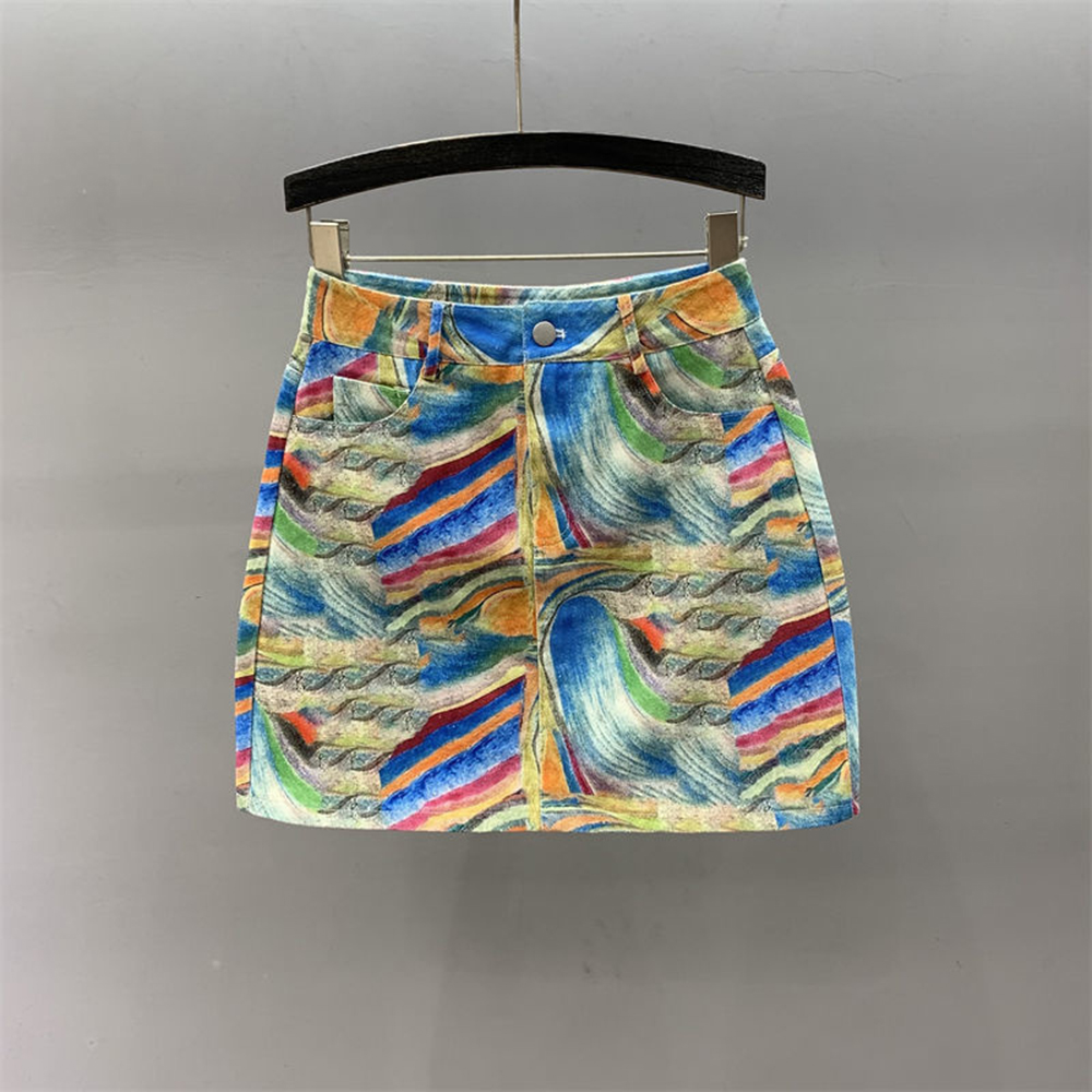 Trendy Personality Printed Contrast Color Denim Skirt Women's High Waist A-line Slim Skirts Female