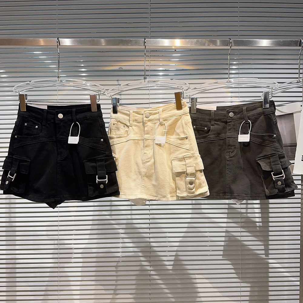 Streetwear Trend Patchwork Pockets Cargo Denim Skirt Women's High Waist Solid Color Skirts