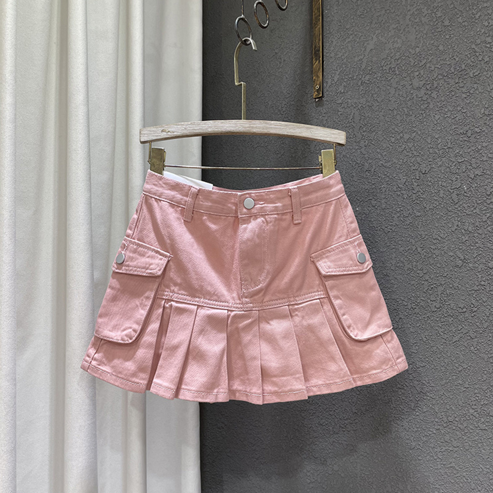 Pocket Patchwork Cargo Mini Denim Skirt Women's High Waist Solid Color Pleated Skirts Female Trend