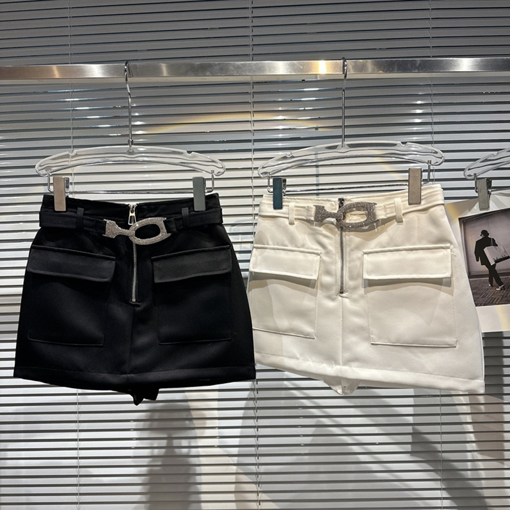 Shiny Rhinestone Belt Designer Pocket Patchwork Cargo Skirt Women Solid Color Zipper High Waist Skirts
