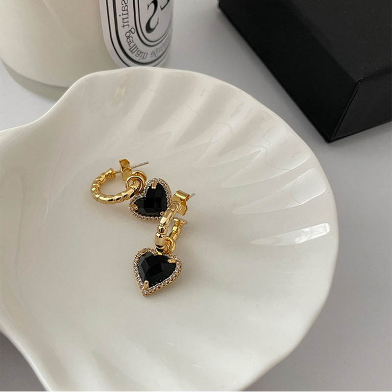 Black Zircon Heart Drop Earrings For Women Girls Korean Elegant Brincos Fashion Jewelry Gold Color Circle Earings