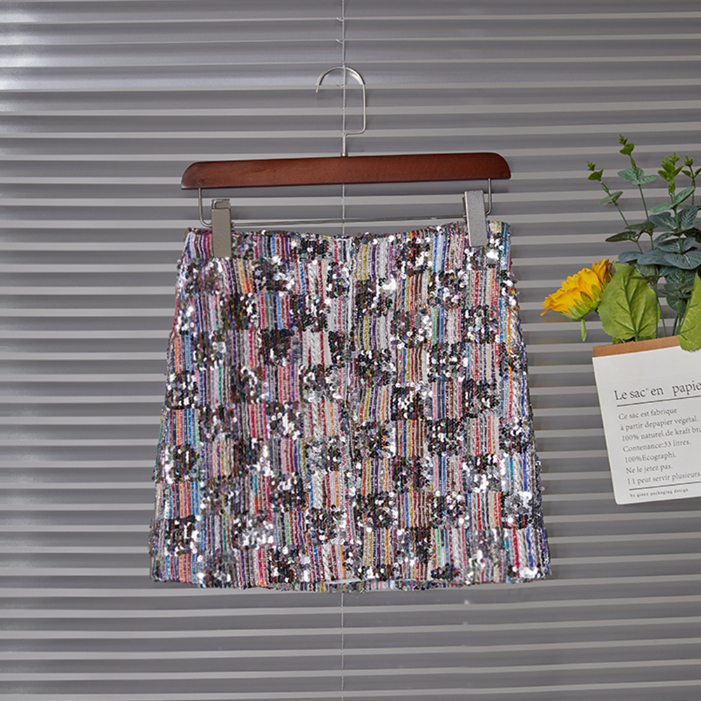 Trend Shiny Sequin Patchwork Rainbow Skirt Women's High Waist Slim Versatile Wrap Hip Skirts