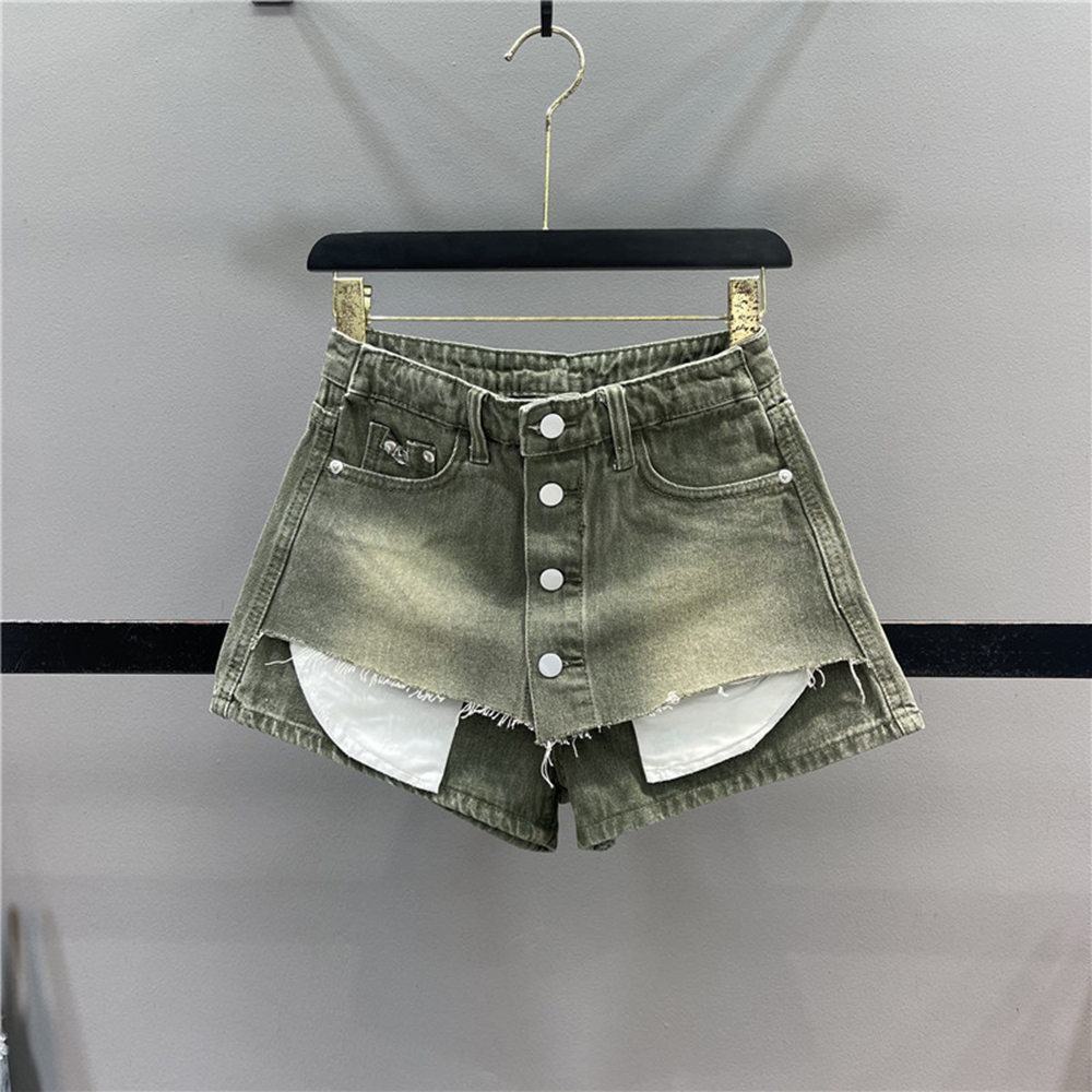 Fashion Distressed Patchwork Denim Shorts Women Solid Color High Waist Fake Two Short Jeans