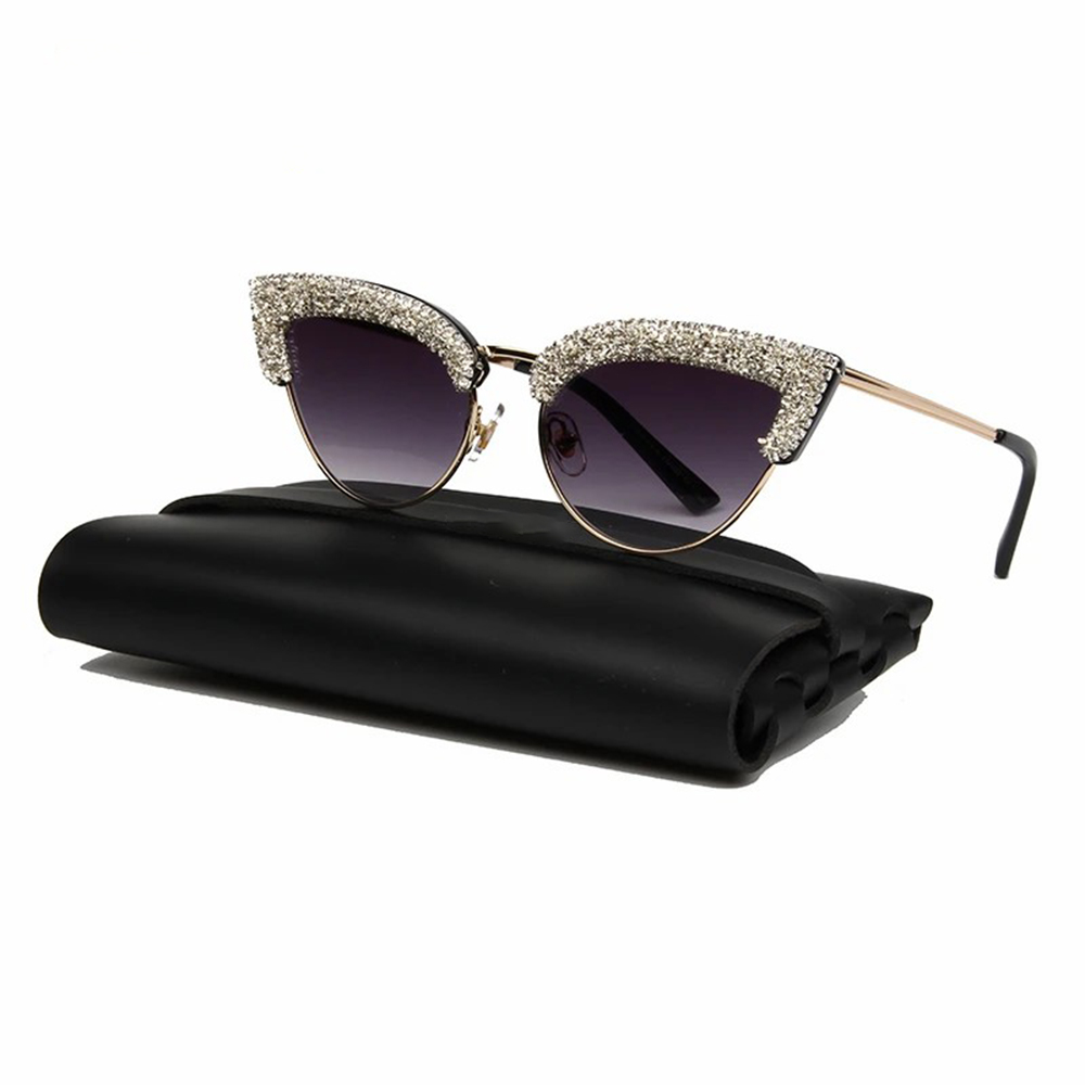 Fashion Cat Eye Sunglasses Women Designer Vintage Half Frame Gravel Rhinestone Sun Glasses Men Shades