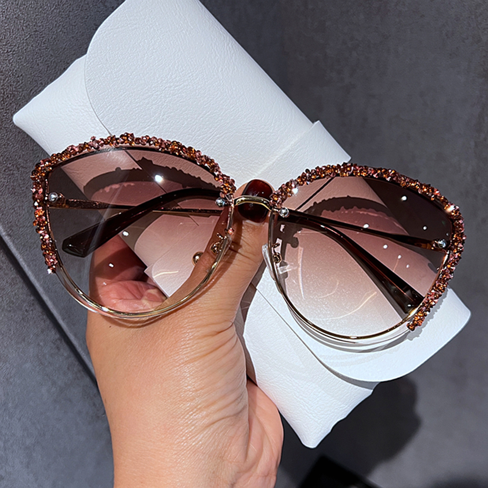 Cat Eye Sunglasses Luxury Diamond Brand Designer Retro Rimless Sunglasses Women