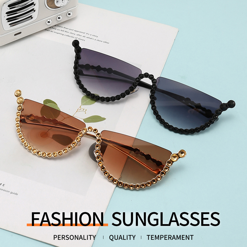Luxury Diamond Cat Eye Sunglasses Women Rimless Sun Glasses Brand Designer Crystal Sexy Frame Rhinestone Eyewear