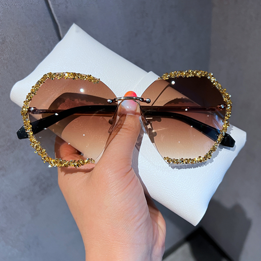 Sunglasses Women Vintage Rimless Luxury Diamond Eyeglasses Gradient Lens Shades For Female Lunette