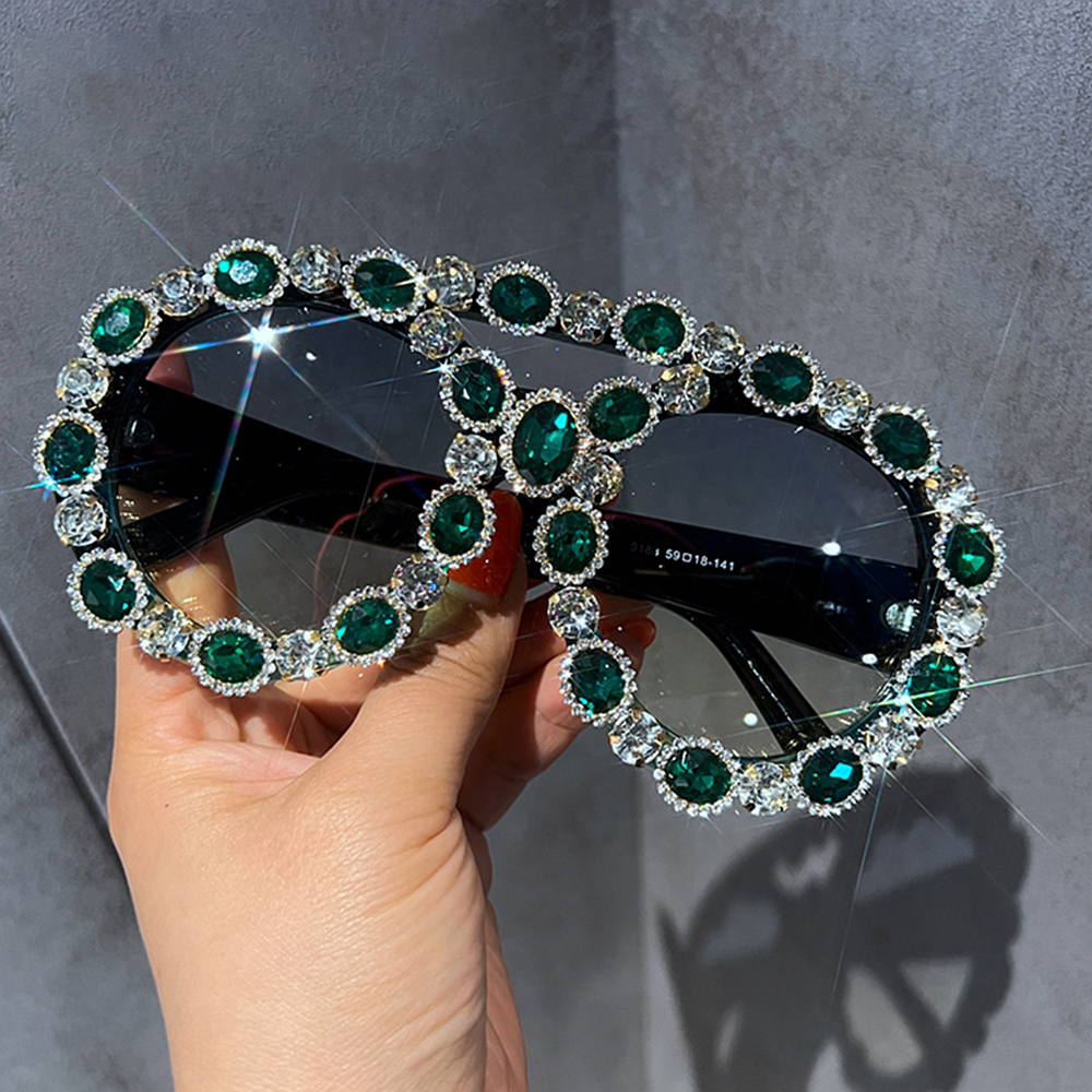 Oversized Vintage Sunglasses Women Luxury Gem Green Diamond Sun Glasses