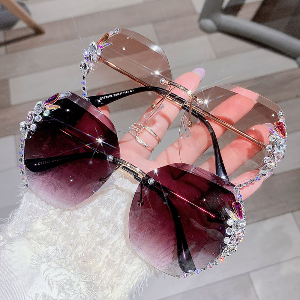 Fashion Design Vintage Rimless Rhinestone Sunglasses Women Men Retro Cutting Lens Gradient Sun Glasses