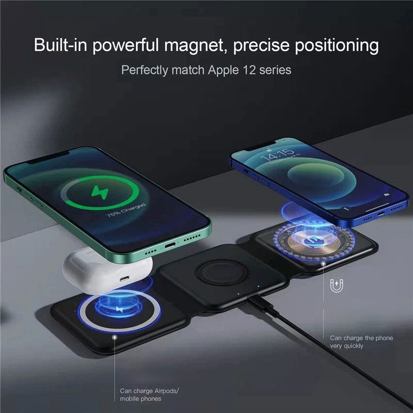 3 In 1strong Magnetic Wireless Charger Pad Stand For Iphone 14 13 12 Pro Max Airpods Iwatch Fast Wireless Charging Dock Station